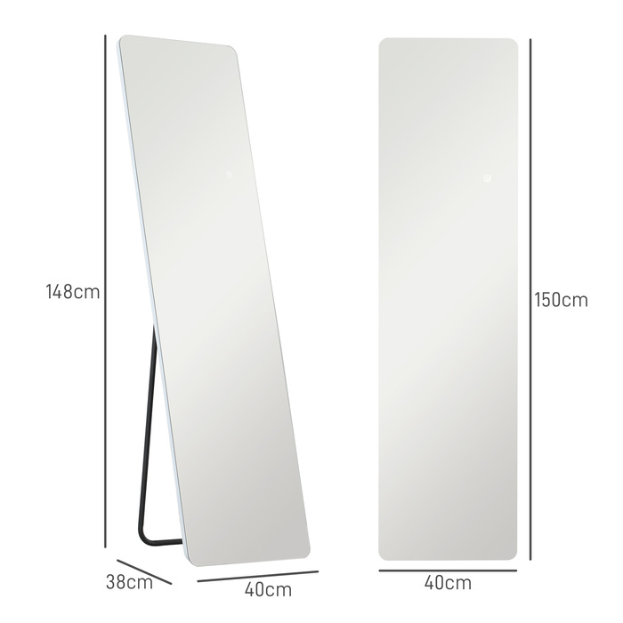 Дзеркало повного зросту HOMCOM, 150 x 40 см, напольне дзеркало з LED-підсвічуванням, 3 кольори світла, настінне дзеркало зі стійкою, сенсорна кнопка для спальні, вітальні, прозоре | Aosom