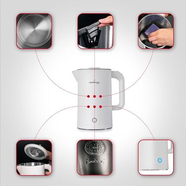 Електричний чайник LEHMANN з нержавіючої сталі 1.7L, 2200W, швидкий нагрів, подвійні стінки, автовимкнення та захист від перегріву, BPA-free, для дитячого харчування, чаю та кави (білий)