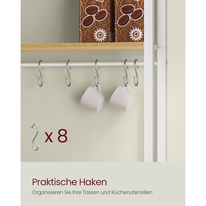 Стелаж кухонний VASAGLE з розетками, 90 см, 40x60x170 см, вінтажний коричневий + чорний, 8 гачків, KKS058K02