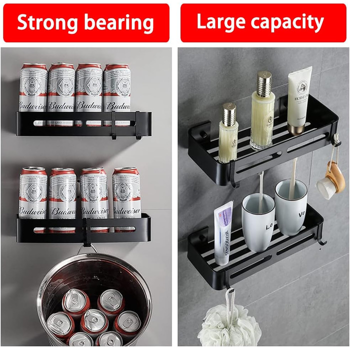 Настінна полиця Yeegout для ванної кімнати з гачками, кутова, чорна, з алюмінію, клейка