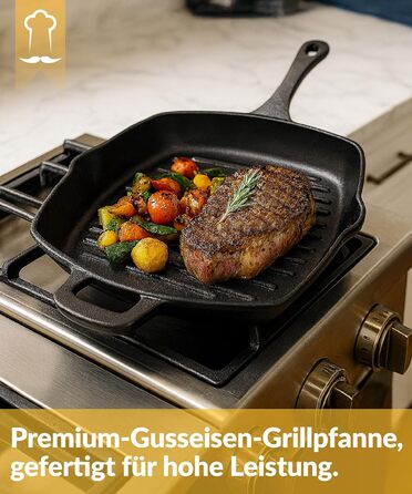 Чавунна гриль сковорода Chefarone 25.5 см з носиком – емальована сковорода для стейків, підходить для індукції, газу, склокераміки та духовки