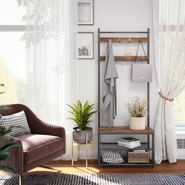 Mondeer Coat Rack, Shoe Rack with Coat Rack, 3 Shelves and 9 Detachable Hooks, Industrial Design, Metal and Wood Construction, 70 x 32 x 175 cm, for Entryway, Brown