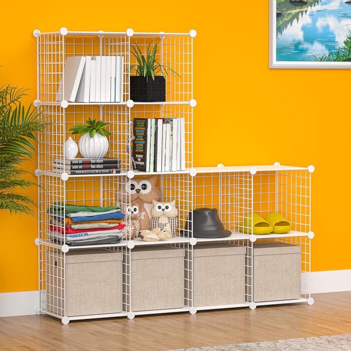 TUMUCUTE Storage Shelf with 9 Cubes, Plastic, Closet, Modular, Bookshelf, Storage Shelves for Bedroom, Living Room, Office, (White Plus Iron, 12 Cubes)