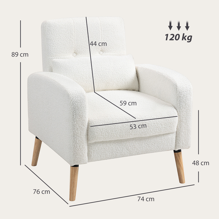 HOMCOM Lounge Chair, Armchair with Lumbar Pillow, Upholstered Armchair with Wooden Legs, Fleece Fabric, Reclining Single Chair for Living Room, Bedroom, White | Aosom