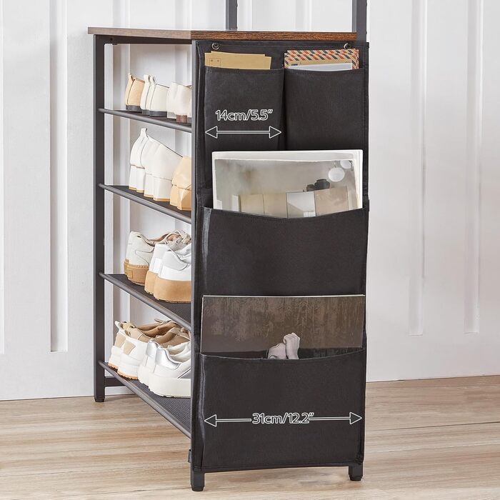 HOOBRO Coat Rack with Shoe Storage, Shoe Shelf with Coat Rack, Clothes Rack with 5-Tier Shoe Storage, Coat Rack with Shoe Cabinet, Adjustable Metal Grid Shelf, Greige EBG75MT01 (Vintage Brown + Black)