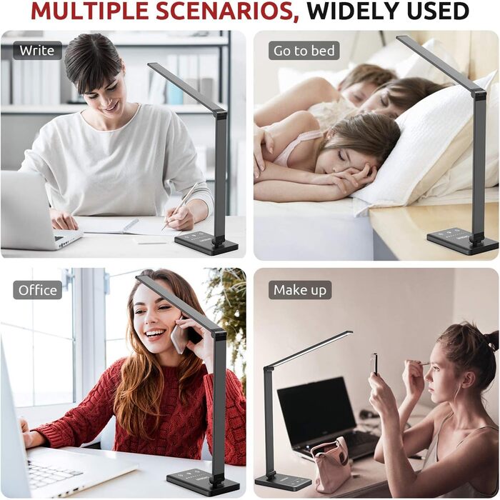 LED настільна лампа з регулюванням яскравості, 5 кольорів та 10 рівнів, захист очей, сенсорне керування, складна, нічна лампа з акумулятором 2500mAh (чорний)