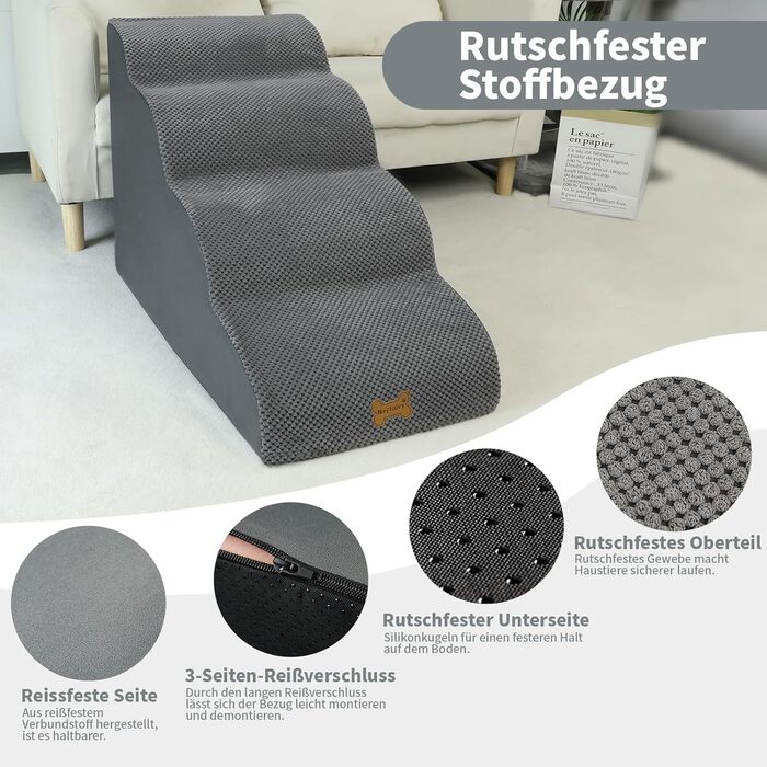 Non-slip Dog Stairs for Small Dogs 2-Step, Pet Stairs for Bed and Sofa made of High-Density Sponge, Dog Stairs Dog Ramp with Removable, Washable Cover and Non-Slip Bottom, 55x40x30cm (4 Steps Grey Dog Stairs)
