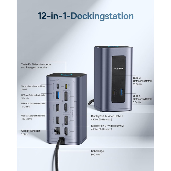 Базаус Док-станція USB-C 12-в-1, сумісна з Dell/HP/Lenovo/Asus/Acer/Mac, 2 монітори 4K HDMI, 10Gbps USB-C/A, 100W PD, Gigabit Ethernet