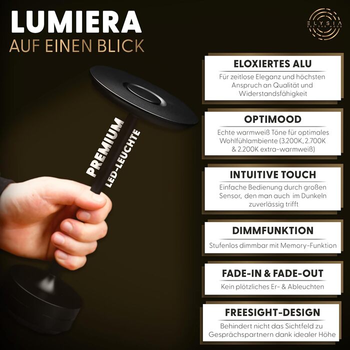 Настільна світлодіодна лампа ELYSIA LED акумуляторна, димована, бездротова, з сенсорним керуванням (IP54), тепле світло (2200K-2700K-3200K), USB-C, алюмінієва, чорна