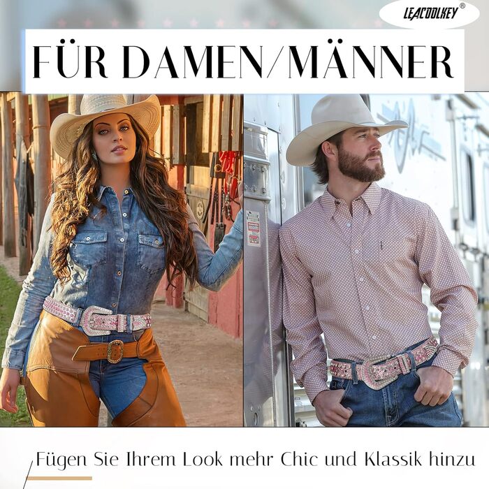 LEACOOLKEY Ремінь з стразами для чоловіків та жінок, блискучий вестерн кантрі ковбойський ремінь з ніти, для джинсів, штанів, суконь, розмір S (73-82 см), загальна довжина 105 см, колір G-рожевий (срібна пряжка)