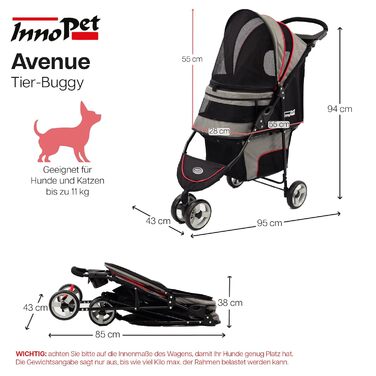 Buggy Innopet Avenue: Легкий візок для собак та котів сірого/червоного кольору - компактний, з дощем, з ліштою та кошиком для зберігання