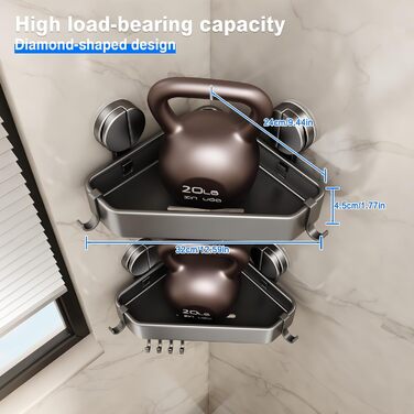 Поличка для душу без свердління, кутова поличка для ванної кімнати з присосками, корзина для душу з тримачем для рушників та знімними гачками (2 шт., сіра)