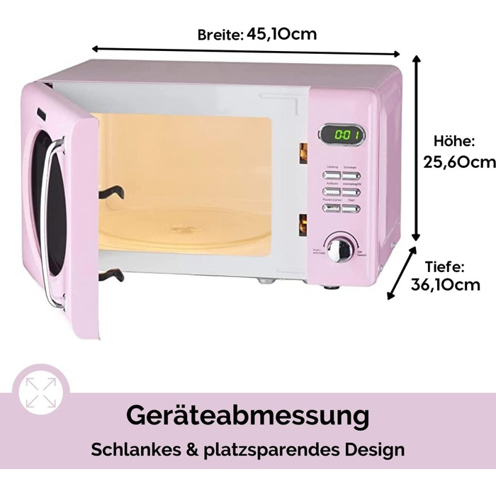 Мікрохвильова піч Wolkenstein Retro WMW720 I 700W, 20L, 5 рівнів потужності, 8 програм, розморожування, LED-дисплей (рожевий)