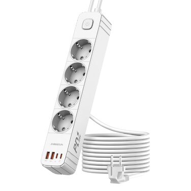 Мережевий фільтр 4 розетки з 2 USB-A та 2 USB-C (PD20W), захист від перенапруги, вимикач, 2м кабель, для дому/офісу, білий