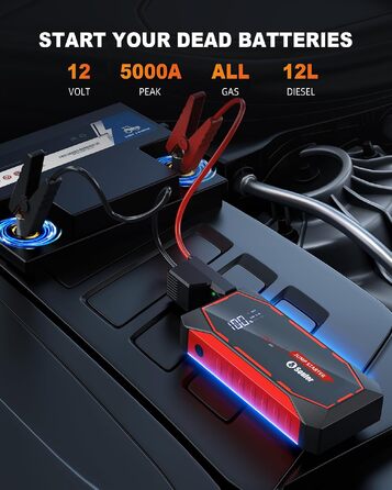 Бустер для автомобіля Cy8 5000A — Потужний пусковий пристрій (Jump Starter) для бензинових двигунів до 8л та дизельних до 6л, 12V, з LED-ліхтарем та EVA-кейсом