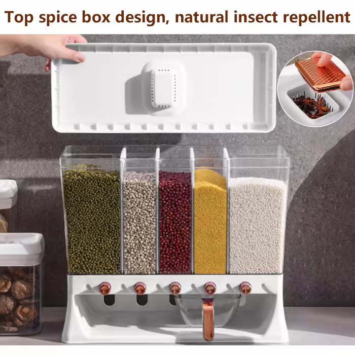 Wall-mounted whole grain dispenser with large capacity, travel bucket, food dispenser, rice storage container, multiple compartments, automatic dispensing for kitchen, rice grains, beans (luxury ivory)