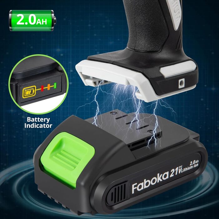 Faboka 21V акумуляторний шуруповерт, комплект з 2 акумуляторами 2.0Ah, 40Nm, 18+1 ступенів, 10мм патрон, регулювання швидкості, LED-підсвічування, для ремонту та DIY