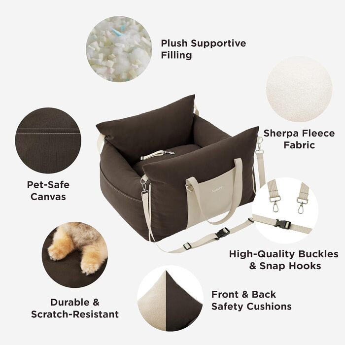 Pet Car Seat for Small Dogs - Waterproof and Washable Dog Car Seat with Storage Pockets, Detachable Safety Leash, and Thickened Memory Foam Filling, 58x56x33cm, (Brown)