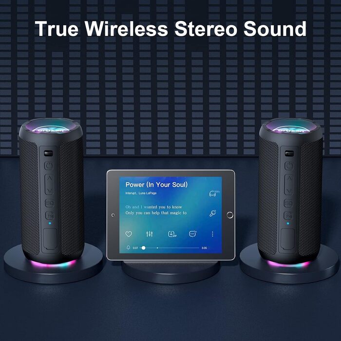 Портативна Bluetooth колонка Ortizan з підсвічуванням, IPX7 водонепроникність, подвійний бас, 30 годин роботи, функція гучного зв'язку, чорна
