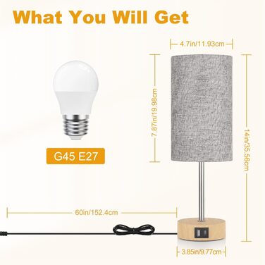 Нічна лампа STANBOW з торшером, USB-порт A+C, регулювання яскравості, тканинний абажур, для спальні, вітальні, дитячої кімнати, гуртожитку, домашнього офісу (сірий абажур, дерев'яна основа)