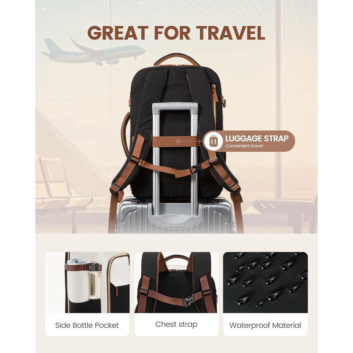 Рюкзак LOVEVOOK для ручної поклажі літака, жіночий, 50L, для подорожей, бізнесу, школи, чорний+бежевий+коричневий