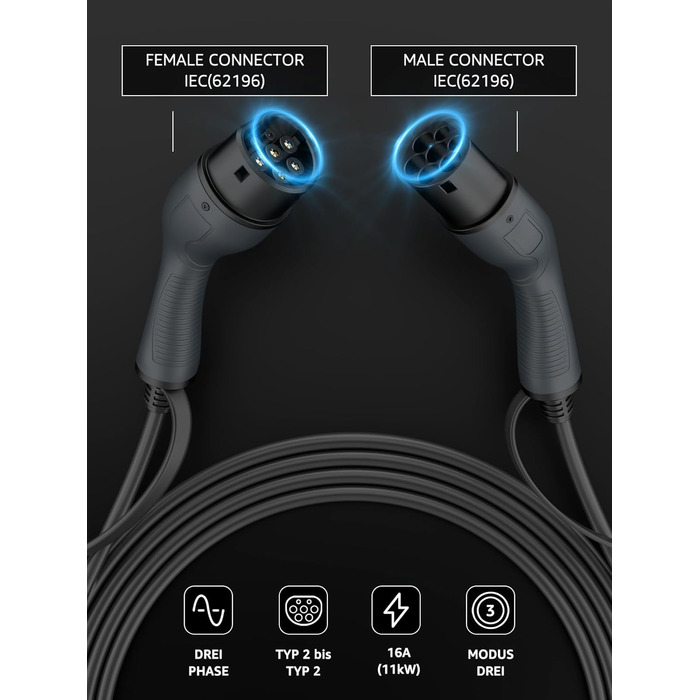 Кабель зарядки для електромобіля Bokman Typ 2, 11 кВт, 16A, 3 фази, 5 метрів, з сумкою та мікрофіброю