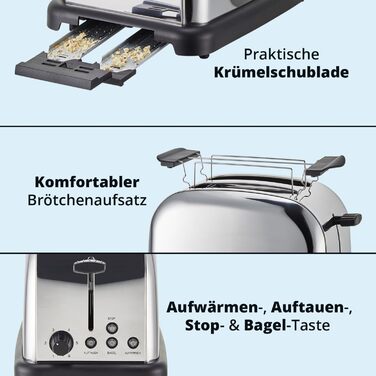 Набір для сніданку KHG: чайник та тостер, нержавіюча сталь, сріблястий, об'єм 1 л, 2 слоти, точний вилив, поворотний на 360°, 6 рівнів підсмажування, функції підігріву, розморожування та для багелів, з підспівачем для крихт