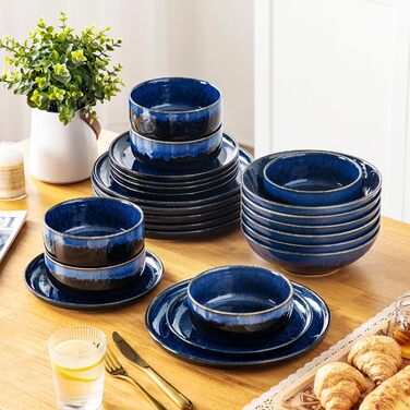 Vancasso Starry 24-Piece Blue Stoneware Dinnerware Set for 6 - Complete Tableware Set with Plates, Bowls