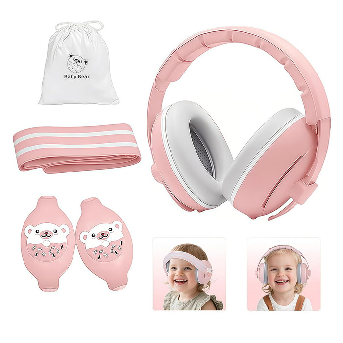 Навушники-захист вух для малюків 2-в-1 - рожеві, захист від шуму до 25 dB, регульоване антиковзне обруч до 48 місяців, м'які та легкі