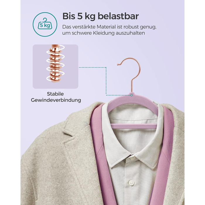 Плечики SONGMICS для одягу, 50 шт., велюрові, антиковзаючі, для краваток, 360° обертання, 0,6 см, економія місця, 43,5 см, для пальто, штанів, срібно-білі