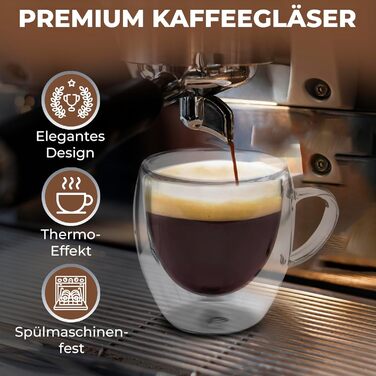 Набір склянок для лате макіато Zobel 350 мл (4 шт.) з ручкою, подвійні стінки, боросилікатне скло, з підставками та ложками