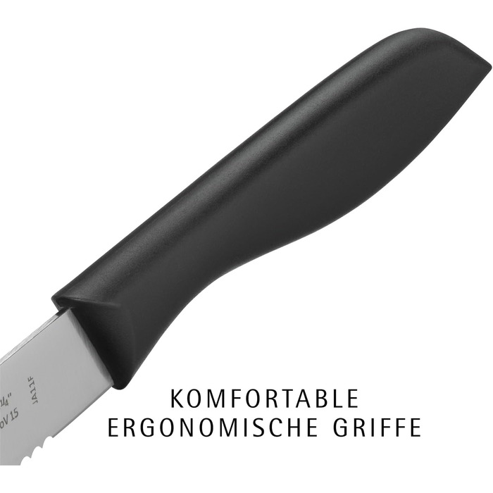 Набір ножів WMF Classic Line для сніданку, 6 шт., 23 см: хлібні, для бутербродів, з хвилястим лезом, нержавіюча сталь, чорний пластиковий руків'я