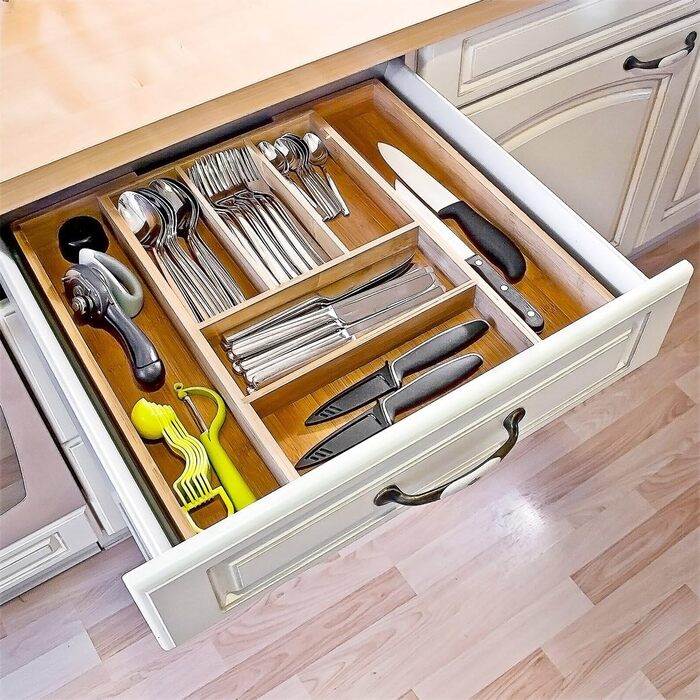 Relaxdays Cutlery Box Adjustable (H x W x D): approx. 5 x 48 x 46 cm. Bamboo drawer insert with 5 to 7 compartments as a cutlery insert and kitchen organizer, large cutlery tray for the drawer, natural.