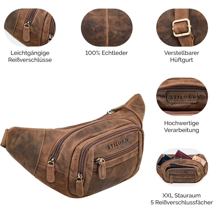 STILORD 'Dublin' чоловіча поясна сумка з натуральної шкіри велика, водовідштовхуюча, захист від крадіжки, багато відділень, XXL, для подорожей, активного відпочинку, фестивалів, колір: коричневий (Mittel - Braun)