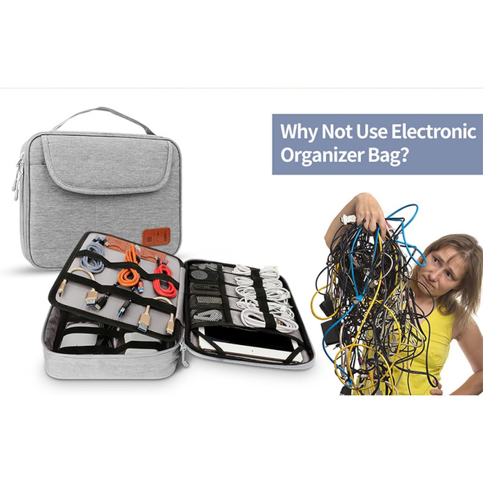 Органайзер для кабелів - сумка-організатор для аксесуарів електроніки, чохол для подорожей (28.5 x 23 x 6 см), сірий