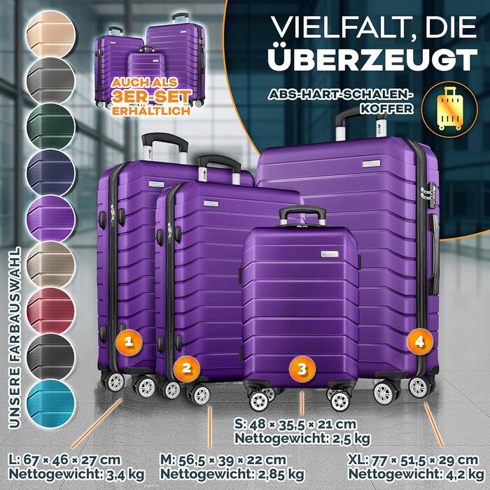 Набір валіз Tillvex® 4 шт. + ваги для багажу, 8 ременів для валіз & 4 багажні бірки | Набір валіз на 4 колесах | Валіза-роликовий багаж з TSA замком | Набір валіз з жорстким корпусом S-M-L-XL фіолетового кольору
