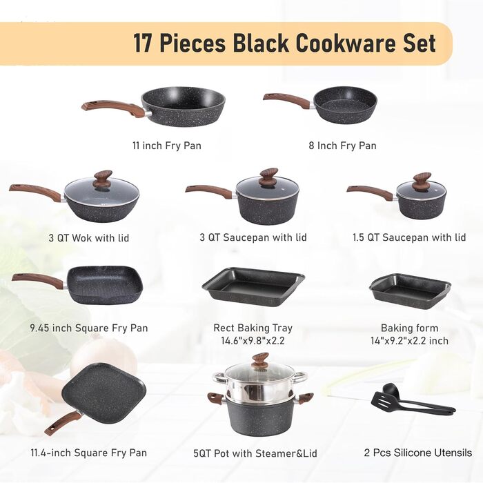 Kitchen Academy 17-Piece Induction Cookware Set with Glass Lids and Granite Coating, including Frying Pans and Pots (Black, 17-Piece)