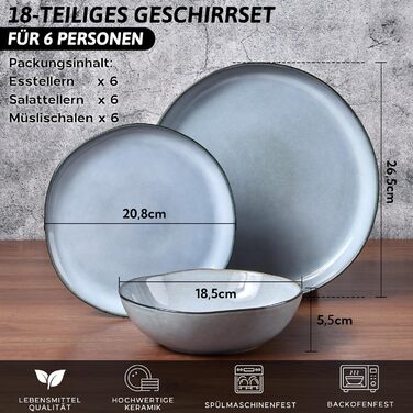 Сервіз Joyfair на 6 осіб, 18 предметів, керамічний, з тарілками для їжі, десерту та каші, безпечний для мікрохвильовки та посудомийної машини, колір: реактивний синій