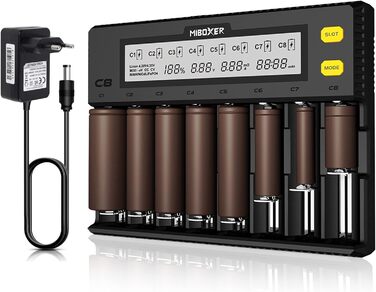 Зарядний пристрій для акумуляторів AUKSKY з LCD-дисплеєм (8 слотів) - універсальний заряд для NI-MH, NI-Cd, AA, AAA, 14500, 18350, 21700, 26650, Li-Ion, LiFePO4, RCR123A, 1.5A