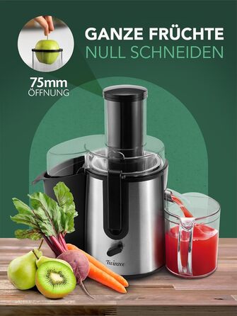 Електричний соковитискач Twinzee 850 W для овочів та фруктів – соковитискач з 2 швидкостями та великим завантажувальним отвором (75 мм)
