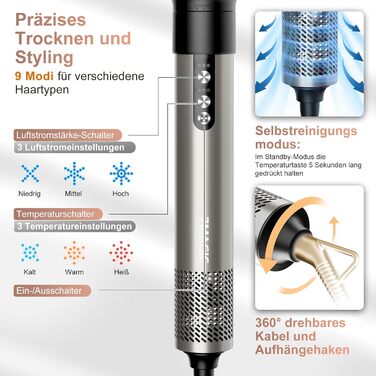 7MAGIC Airstyler 6-в-1: фен-щітка, плойка, завивка, іонізація, для волосся, подорожей, сріблястий