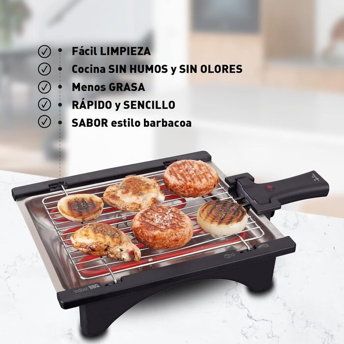 BQ95 Electric Grill, perfect for two people, smoke-free, odor-free, detachable grill with 2 height levels, stainless steel tray, healthy cooking with water [Energy efficiency class A]
