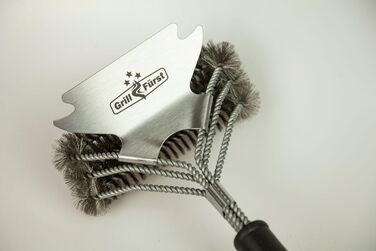 3X Grillfürst Premium Grill Brush with Brass Bristles, 45 cm - Grill Cleaning Brush for Grill Grate, Grill Grate Brush with wide 3-fold brush head and scraper (2x stainless steel with scraper)