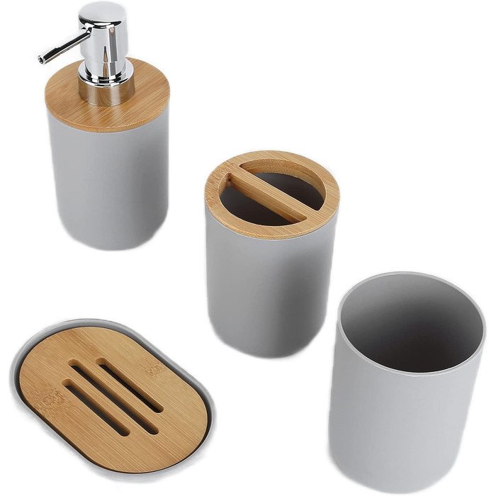 Набір аксесуарів для ванної кімнати на 4 предмети: тримач для зубних щіток, мильниця, дозатор для лосьйону, стакан для ополіскувача, сучасне оздоблення для дому та готелю (сірий)
