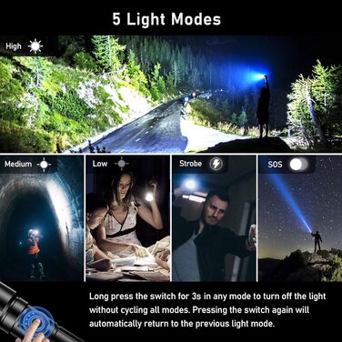 Ліхтарик Blukar LED акумуляторний 500000 люменів, надяскравий, зум, тактичний, 5 режимів, IP67 водонепроникний, для кемпінгу, риболовлі, туризму, надзвичайних ситуацій