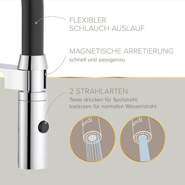 Кухонний змішувач Lenz NALU - матовий, з висувною лійкою, 2 режими, економія води, антижир, монтаж зверху, 46070422 (хром)