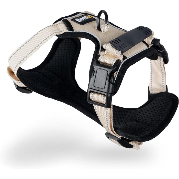 Нашийник для собак Lionto, м'який нейлон, розмір S, анти-тяга, 2 кільця, 4 регульовані ремінці, 2 застібки, гумовий хват, бежевий