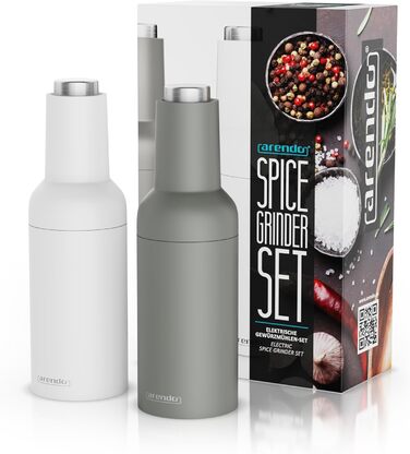 Arendo - Electric Salt and Pepper Grinder Set - 2 Piece - One-Handed Operation - Grinds Automatically When Tipped - Salt and Pepper Dispenser - Spice Grinder with Ceramic Grinding Mechanism - Grind Settings Infinitely Adjustable
