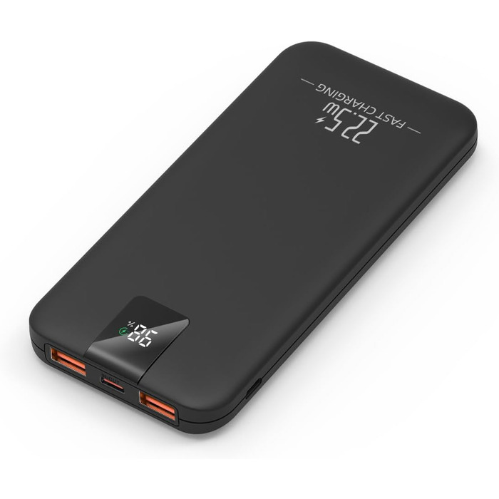 Powerbank 10000mAh 22.5W з LCD-дисплеєм: швидка зарядка, 3 виходи, 2 входи (USB-C), чорний