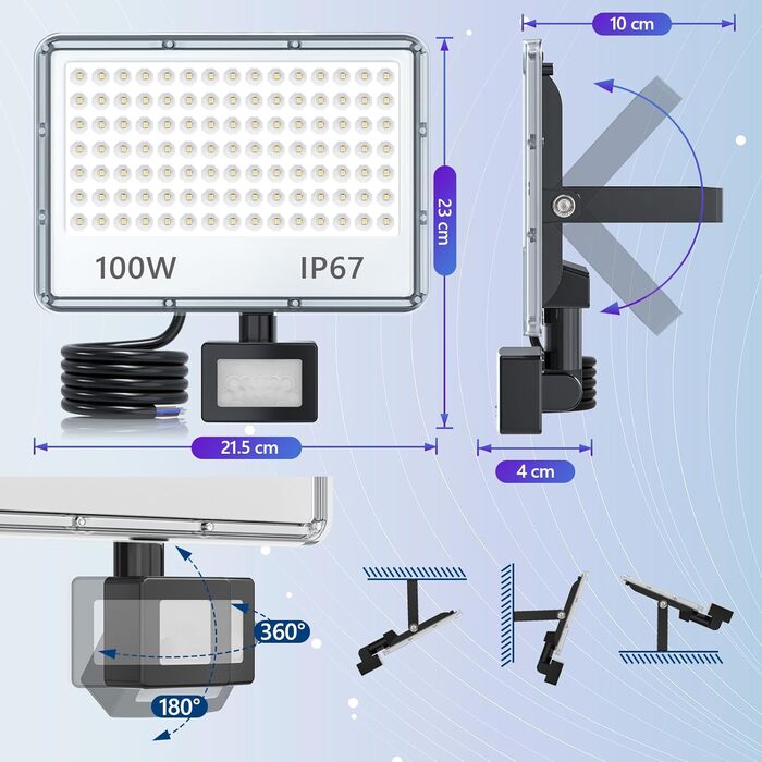 LED Floodlights with Motion Sensor Outdoor 50W 2 Pack, 5000LM LED Spotlights with Motion Sensor, 7000K Cool White Outdoor Floodlights, IP67 Waterproof Floodlights for Warehouse, Garden, Garage (100W-1PC)